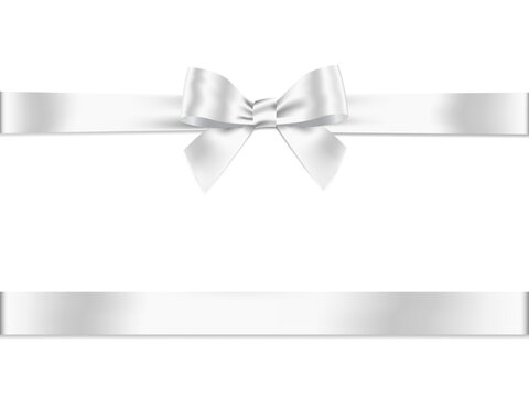 White ribbon bow realistic shiny satin Horizontal ,for decorate gift wrapping or card design , vector EPS10 design with copy space for your texts ,isolated on white background.