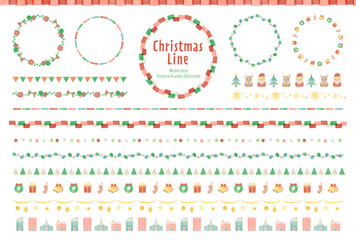 クリスマスの水彩風ラインセット / パターンブラシ有り / 飾り罫、線、イラスト、あしらい、フレーム、素材、12月、サンタクロース,クリスマスツリー
