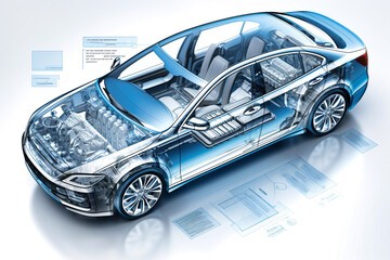 Projection of a modern car. 3D graphic visualization shows the analysis and optimization of a fully developed vehicle prototype. Modern technologies of mechanical engineering.