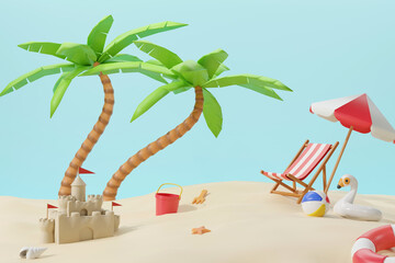 3D minimal beach scene with sand space and sand castle , 3D rendering sand landscape with beach chair,umbrella,rubber duck, inflatable ring ,beach ball, sand castle ,shell, starfish  and coconut tree 