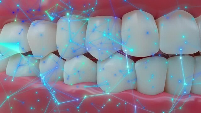 Toothpaste protects our teeth. The blue neon particles symbolize the protective barrier on human teeth.