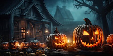 Halloween pumpkin head pile in the middle of a scary place created with AI