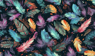 Pattern with feathers on black background. Colorful bird feathers fly apart. For banner, postcard,...