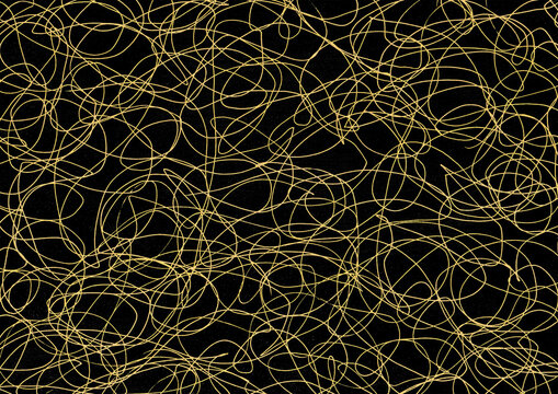 ランダムに描いたゴールドイエローの曲線とクールな黒い背景