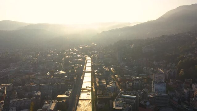 Aerial 4k footage at sunrise in the capital Sarajevo