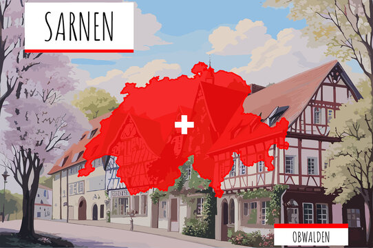 Sarnen on a Swiss map with a scene in Switzerland