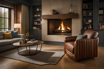 living room with fireplace generated ai