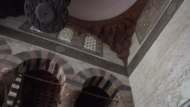 The Great Mosque of Muhammad Ali Pasha or Alabaster Mosque in Cairo Egypt interior design detail of arch lamp and ceiling