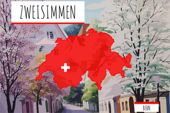 Zweisimmen on a Swiss map with a scene in Switzerland