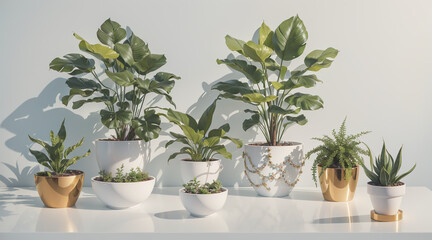 Fototapeta premium Beautiful plants nestled in pristine white pots come alive with vibrancy under the warm embrace of sunlight.