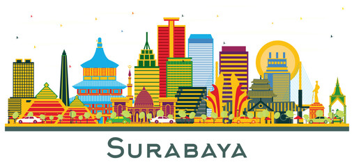 Fototapeta premium Surabaya Indonesia Skyline with Color Buildings isolated on white.