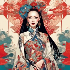 chinese fashion model, beautiful and elegant woman, beautiful chinese clothes, risographic style, contemporary art