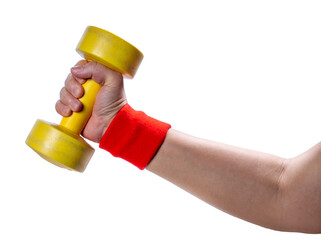 Female hands lifting dumbbells for exercise and weight loss on white background with clipping path.