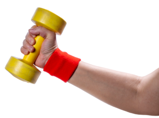 Female hands lifting dumbbells for exercise and weight loss on white background PNG File.