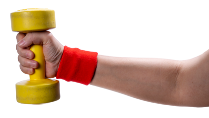 Female hands lifting dumbbells for exercise and weight loss on white background PNG File.