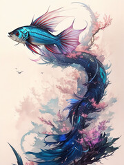 Vertical illustration portrays a graceful blue fish gliding through a mesmerizing underwater world adorned with vibrant and intricate coral formations.