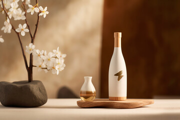 Fototapeta na wymiar White sake bottle with ceramic cup
