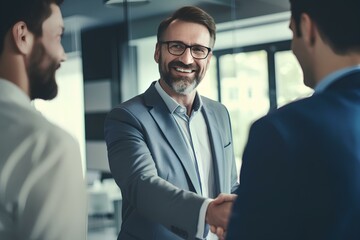 happy business man handshaking at meeting. Male manager shaking hand of corporate client or investor making partnership contract with investor at professional work meeting in office. generative AI