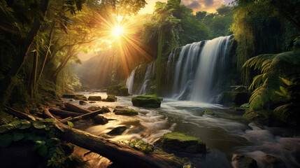 Fototapeta na wymiar The serene beauty of a cascading waterfall surrounded by lush greenery, using a wide-angle lens at sunrise to create a tranquil and immersive image that transports viewers to the heart of nature