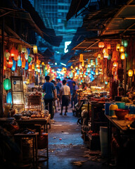 The bustling streets of a vibrant night market, capturing the vibrant colors and the lively atmosphere, while emphasizing the intricate details of the stalls and the people's interactions