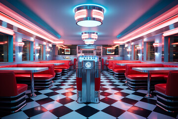A classic diner  capturing the essence of the 1950s, showcasing the checkerboard floors, chrome accents, and the warmth of the neon signs