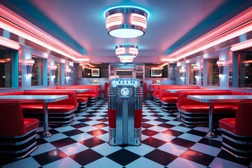 Fototapeten A classic diner  capturing the essence of the 1950s, showcasing the checkerboard floors, chrome accents, and the warmth of the neon signs © Kayla