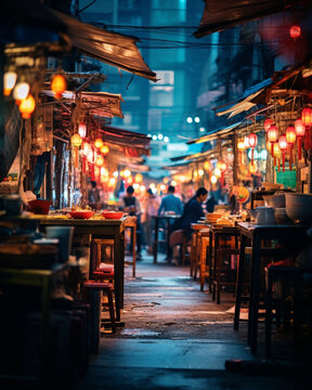 Fototapeta The bustling streets of a vibrant night market, capturing the vibrant colors and the lively atmosphere, while emphasizing the intricate details of the stalls and the people's interactions