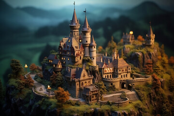 The mysterious charm of an ancient castle at twilight, employing a tilt-shift lens to create a miniature effect that accentuates the castle's grandeur and the surrounding medieval architecture