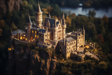 The mysterious charm of an ancient castle at twilight, employing a tilt-shift lens to create a miniature effect that accentuates the castle's grandeur and the surrounding medieval architecture