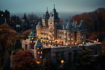 The mysterious charm of an ancient castle at twilight, employing a tilt-shift lens to create a miniature effect that accentuates the castle's grandeur and the surrounding medieval architecture