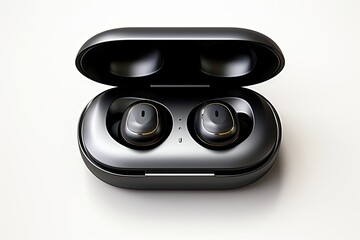 Front view of black wireless earbuds in charging case isolated on white
