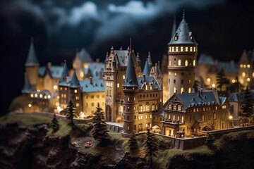 The mysterious charm of an ancient castle at twilight, employing a tilt-shift lens to create a miniature effect that accentuates the castle's grandeur and the surrounding medieval architecture
