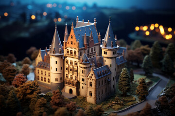 The mysterious charm of an ancient castle at twilight, employing a tilt-shift lens to create a miniature effect that accentuates the castle's grandeur and the surrounding medieval architecture
