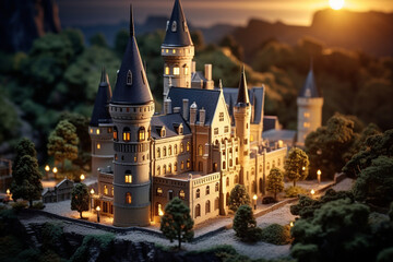 The mysterious charm of an ancient castle at twilight, employing a tilt-shift lens to create a miniature effect that accentuates the castle's grandeur and the surrounding medieval architecture