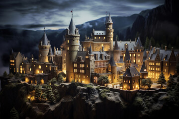 The mysterious charm of an ancient castle at twilight, employing a tilt-shift lens to create a miniature effect that accentuates the castle's grandeur and the surrounding medieval architecture
