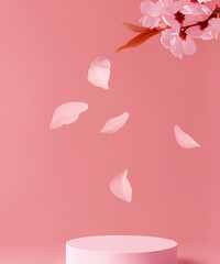 pink podium display. Sakura pink flower falling. Cosmetic or beauty product promotion step floral, pastel pedestal. Abstract minimal advertise.