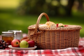 Picnic basket with fruit and vegetables on a blanket in the park. Summer picnic with fresh fruits and croissants in the garden. Selectiv focus.