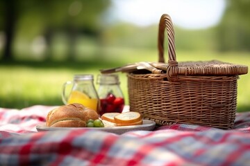 Picnic basket with fruit and vegetables on a blanket in the park. Summer picnic with fresh fruits and croissants in the garden. Selectiv focus.