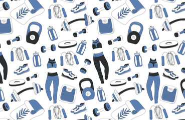 Seamless pattern with sports equipment. Healthy lifestyle. Vector illustration