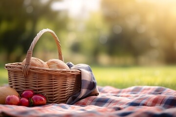 Picnic basket with fruit and vegetables on a blanket in the park. Summer picnic with fresh fruits and croissants in the garden. Selectiv focus.