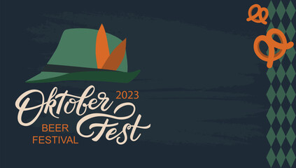 Vector Banner for Oktoberfest 2023 with pretzel and hat. Autumn German Beer Festival poster. Modern Flat design with lettering and copy space