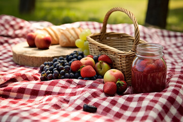 Picnic basket with fruit and vegetables on a blanket in the park. Summer picnic with fresh fruits and croissants in the garden. Selectiv focus.