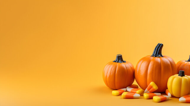 Small pumpkins and candy corn on yellow background