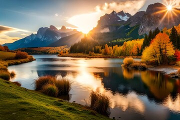autumn landscape with lake in mountains  generated by AI tool