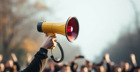 Gripping megaphone with conviction, amplifying voice in powerful protest demonstration Generative AI