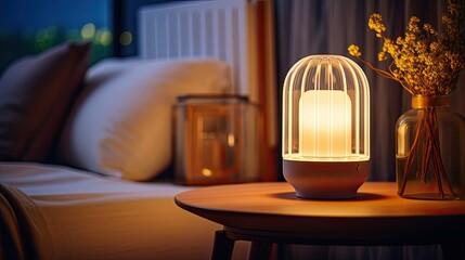 Stylish glowing night lamp on table in room