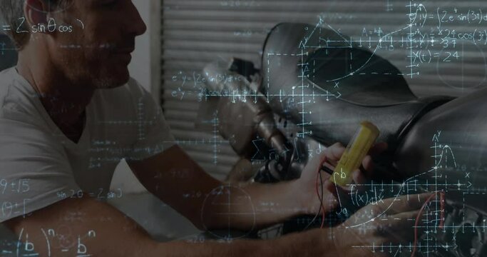 Animation of mathematial equations over caucasian male mechanic reparing motorcycle at garage