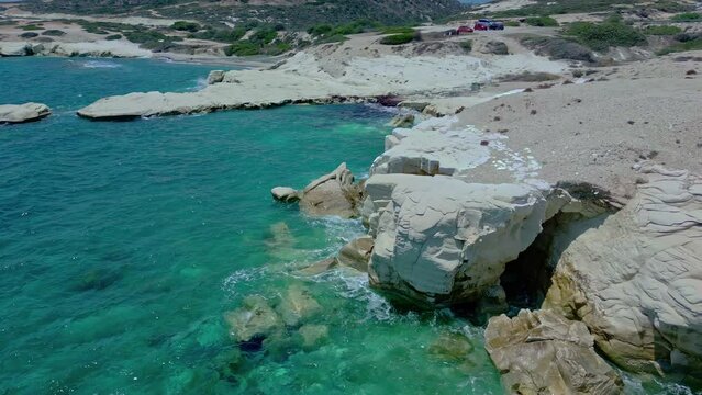 Aerial view over the white rocks at Governor's beach on the island of Cyprus.
