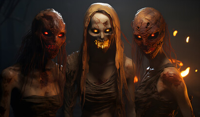 horror Ghost smiling in dark halloween background 