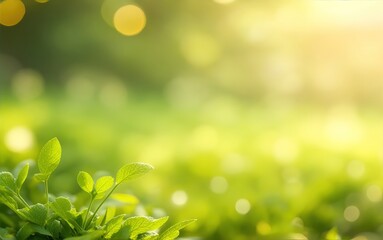 Green grass with bokeh defocused lights abstract background. Nature concept.